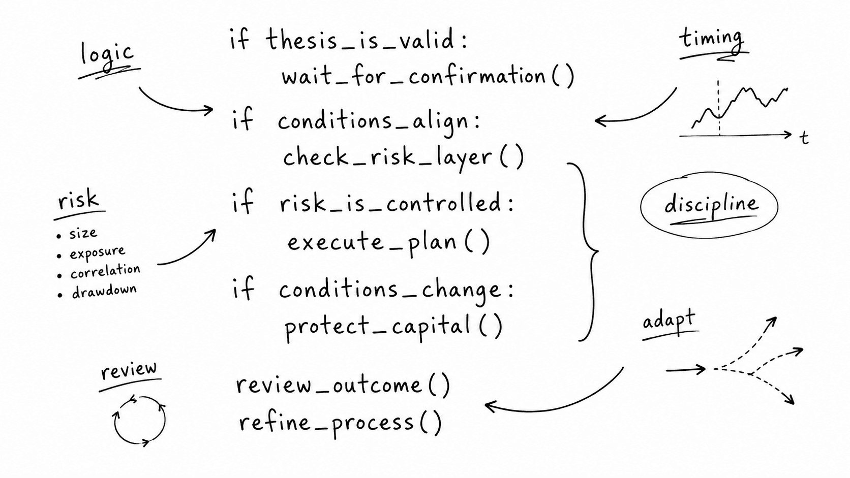 Whiteboard pseudocode showing abstract market system logic